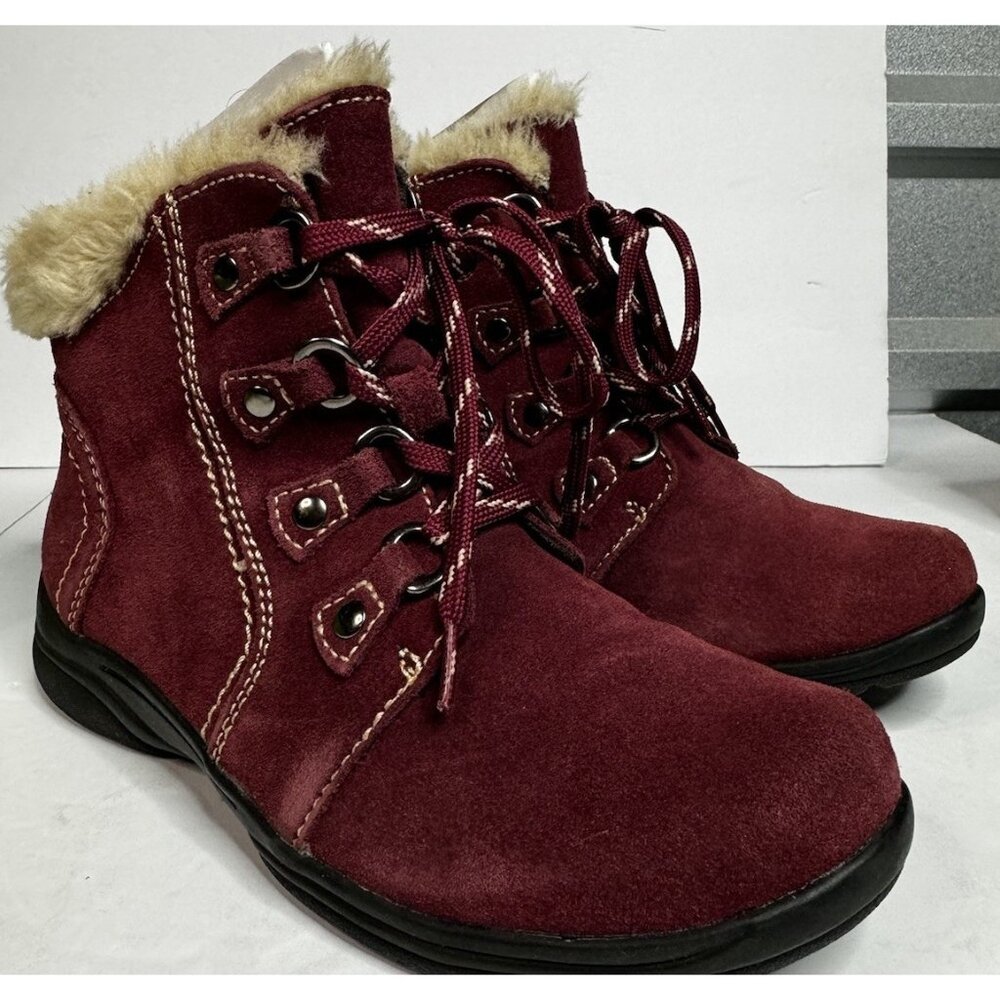 Earth Origins Womens Crowley Ankle Boots Water Repellant Suede Faux Fur Merlot 7